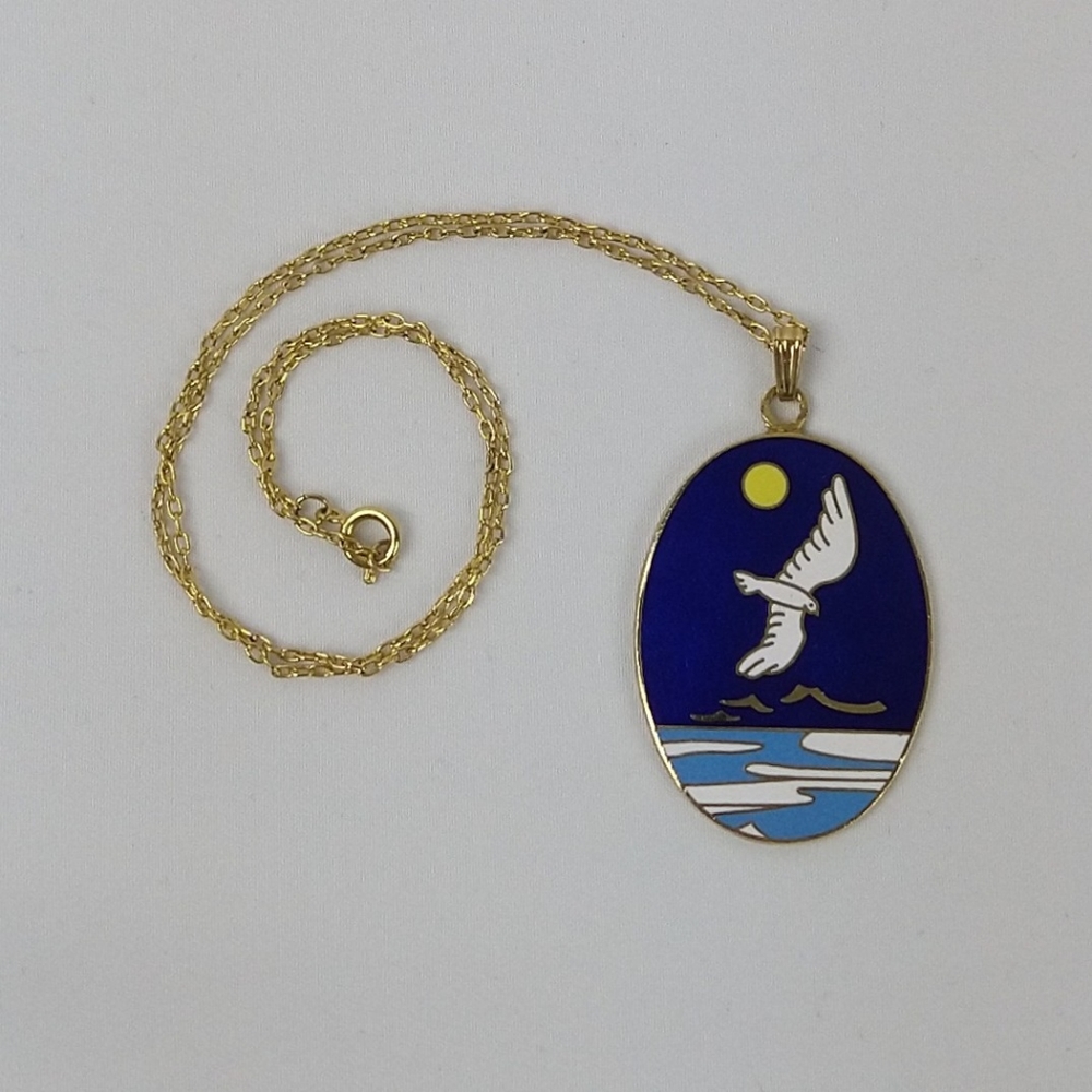 Vintage 70s Cloisonne Sea Ocean Pendant Necklace